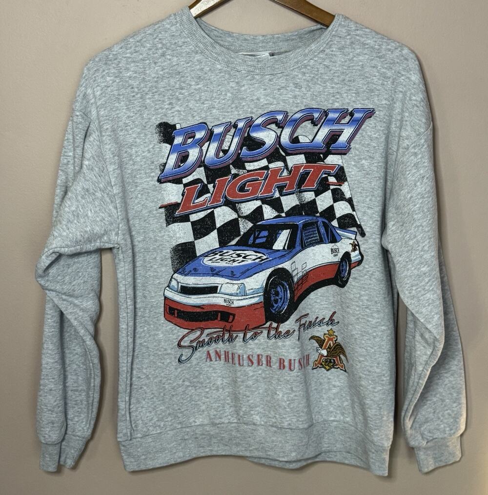 Busch Light Mens Small Crew Neck Grey Vintage-Style Sweatshirt Pullover Racecar